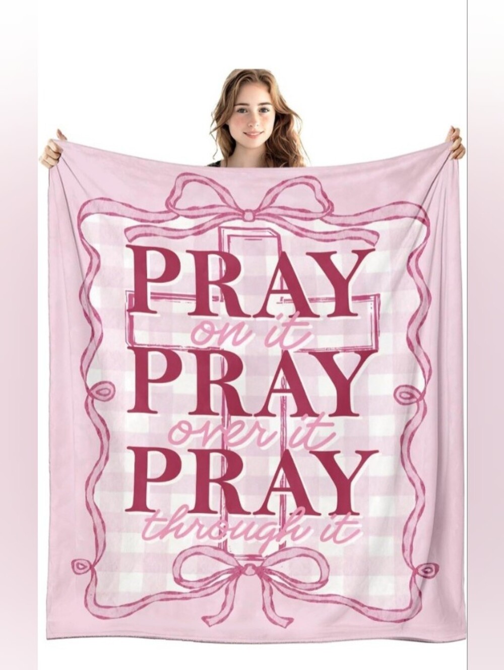 Pink Pray On It Pray Over It Throw Blanket 50x60 Christian Faith Bows NIP